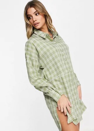Клетчатое платье-рубашка в стиле oversized шалфейно-зеленого цвета Missguided-Зеленый