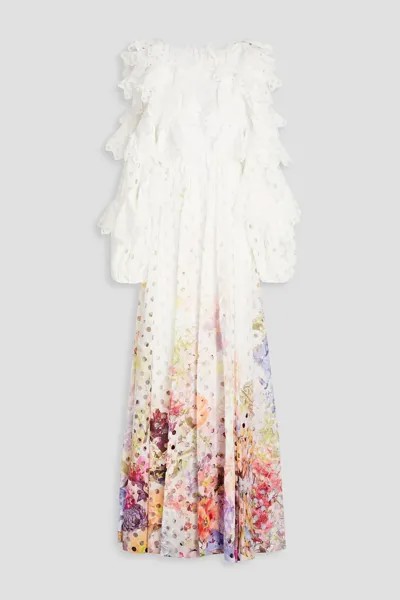 Газовое платье с оборками и цветочным принтом, вырезанным лазером ZIMMERMANN, белый