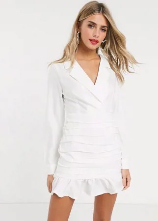 Белое платье-пиджак мини с глубоким вырезом и сборками In The Style-Белый