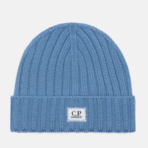 Шапка C.P. Company extrafine merino wool logo ribbed, шерсть, утепленная, размер uni, синий