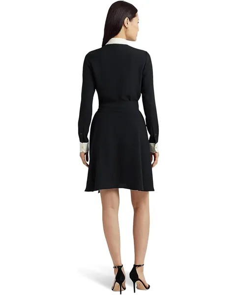 Платье LAUREN Ralph Lauren Two-Tone Belted Georgette Shirtdress, цвет Black/Mascarpone Cream
