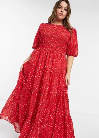 Красное многоярусное платье макси со сборками и мелким принтом ASOS DESIGN Curve-Мульти