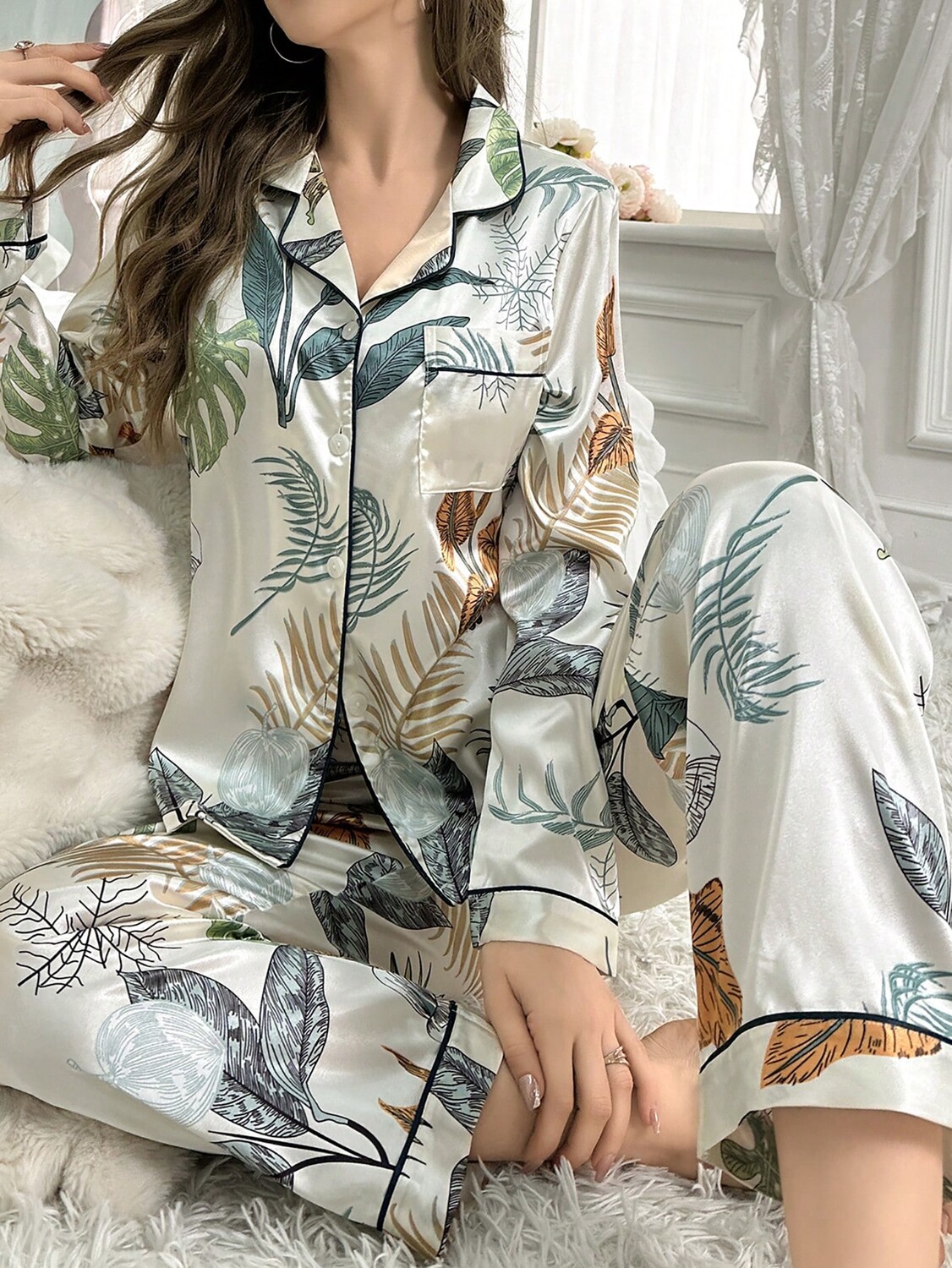 Женский пижамный Комплект, растения, выкройка, воротник, шелковая нить, мультиколор