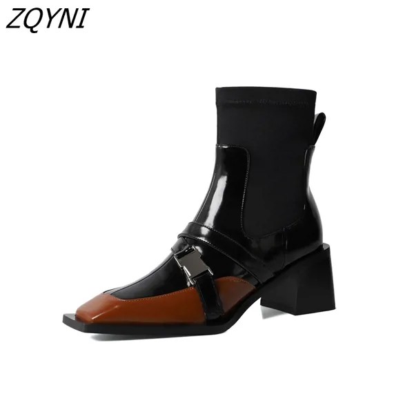 Женские эластичные носки Ins pop, обувь на высоком каблуке с квадратным носком, в европейском и американском стиле, черного и абрикосового цвет...