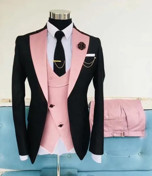 Новейший дизайн 2021, Классический розовый и черный свадебный костюм для мужчин, костюмы, приталенный костюм для жениха, лучший мужской смоки...