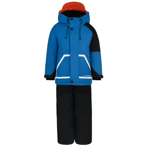 Комплект с брюками Oldos зимний, светоотражающие элементы, защита от попадания снега, капюшон, карманы, подтяжки, пояс на резинке, размер 98, синий, черный