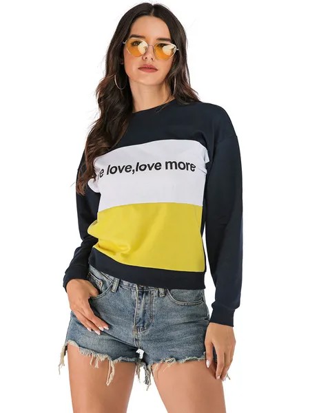 Milanoo Women Hoodie Blue Long Sleeves Color Block Cotton Winter Hooded Sweatshirt