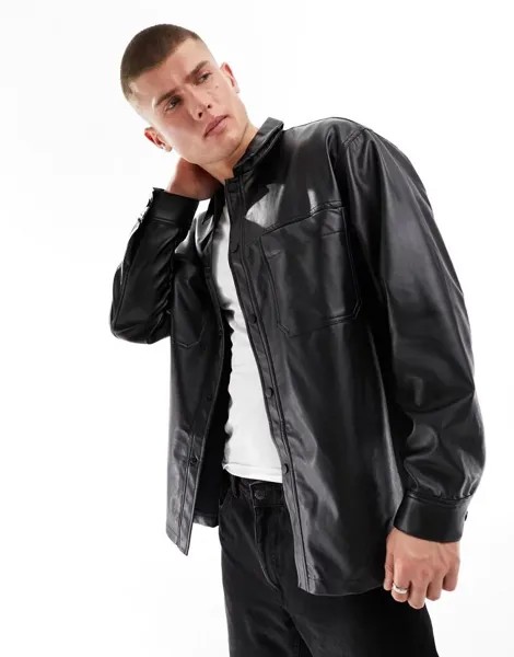 Черная куртка-рубашка из искусственной кожи River Island
