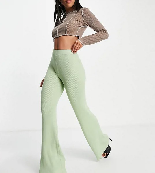 Шалфейно-зеленые расклешенные брюки в рубчик (от комплекта) Missguided-Зеленый цвет