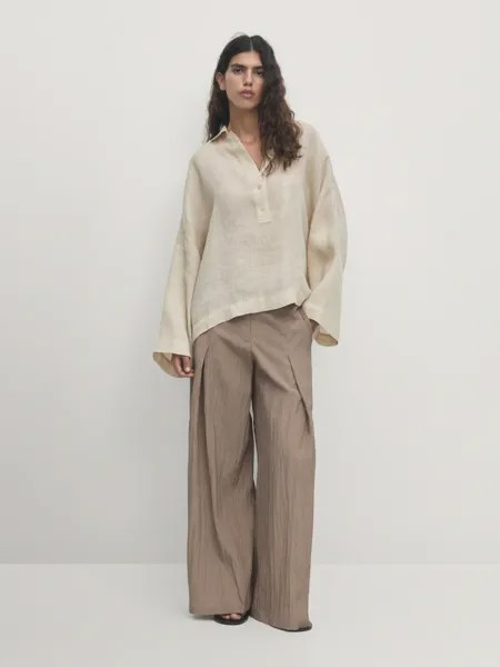 Льняная рубашка с длинными рукавами и воротником-поло Massimo Dutti, белый
