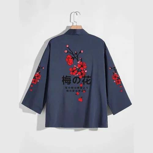 Карнавальные костюмы кардиган шелковый оверсайз кимоно накидка хаори Сакура Синий аниме японский стиль Размер XL (175-190)