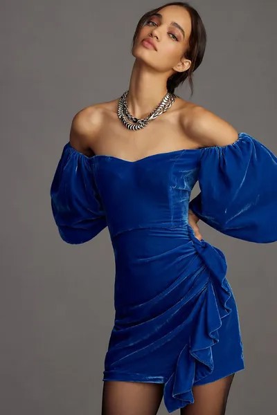 Мини-платье RHODE Adrian Sweetheart с открытыми плечами, синий