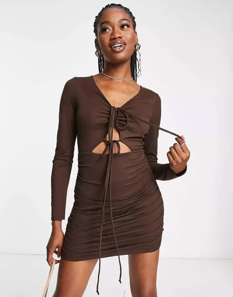 Шоколадно-коричневое облегающее платье с лямками и лямками Gilli