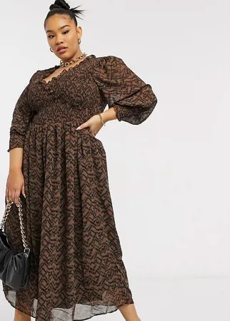 Свободное платье миди с гофрированными манжетами и звериным принтом ASOS DESIGN Curve-Мульти