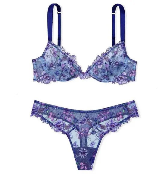 Victorias Secret Без подкладки Hummingbird Shine Embroidery Demi Bra Thong Set Синий
