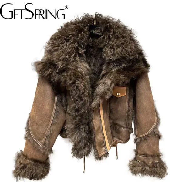 Женское кожаное пальто Getspring, винтажная кожаная куртка со вставками, модные зимние пальто из искусственной кожи черного и кофейного цвета, ...