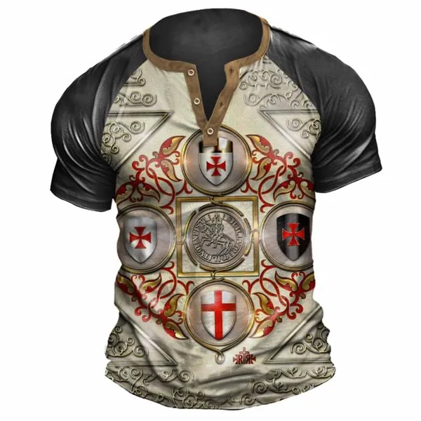 Мужская винтажная футболка Henley с принтом Templar Cross