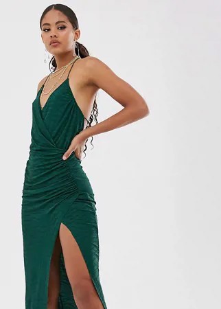 Фактурное платье миди с запахом, бретельками и глубоким вырезом ASOS DESIGN Tall-Зеленый