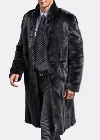 Мужская длинная плащ Marten Бархатное пальто Черное искусственное меховое зимнее теплое пальто