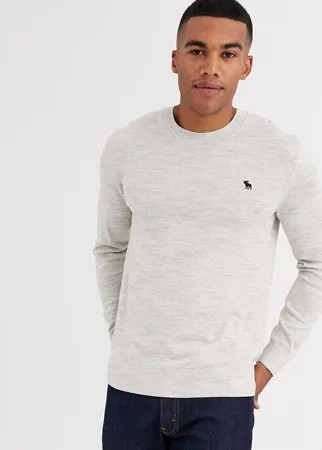 Светло-серый джемпер с круглым вырезом и логотипом Abercrombie & Fitch