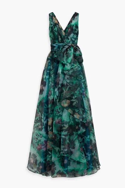 Платье из органзы с запахом и цветочным принтом BADGLEY MISCHKA, зеленый