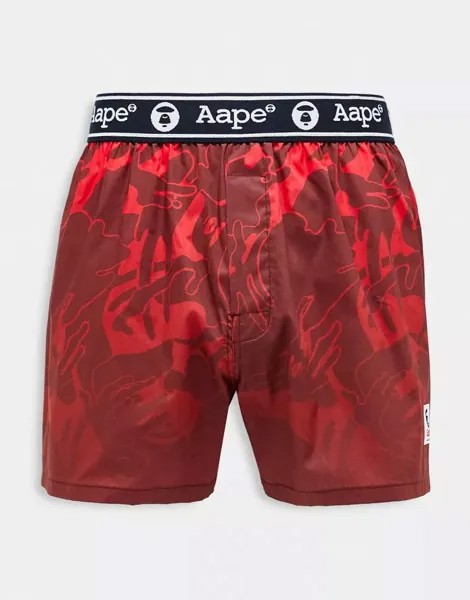 Хлопковые боксеры Aape by A Bathing Ape красного камуфляжного цвета с поясом с логотипом