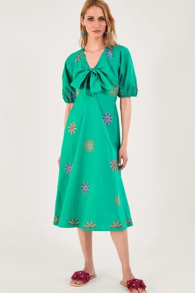 Зеленое платье миди с цветочной вышивкой Monsoon, зеленый