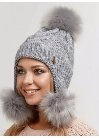 Женская шапка-ушанка, зимняя, c тремя меховыми помпонами, вязаная, утепленная, темно-серый цвет, размер 56-58