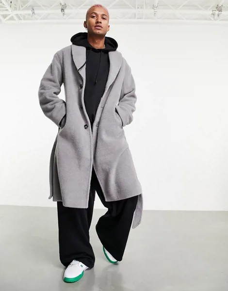 Серое удлиненное oversized-пальто с поясом из материала под шерсть ASOS DESIGN-Серый