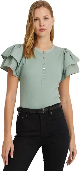 Топ LAUREN Ralph Lauren Stretch Cotton Flutter-Sleeve Henley Top, цвет Soft Laurel