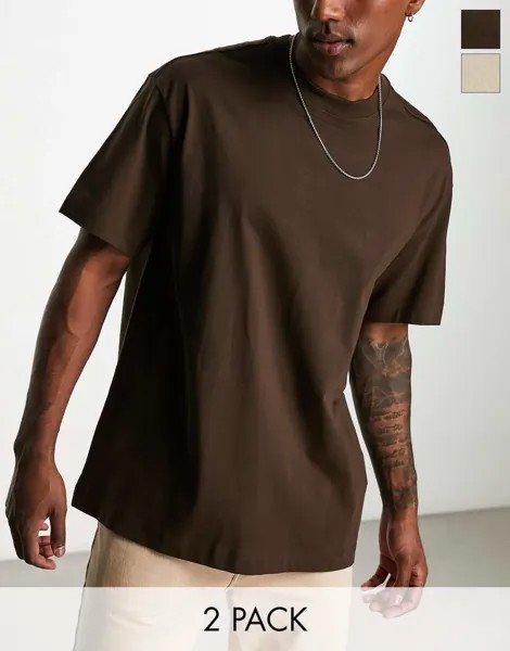 Комплект из двух футболок оверсайз бежевого и коричневого цветов Weekday