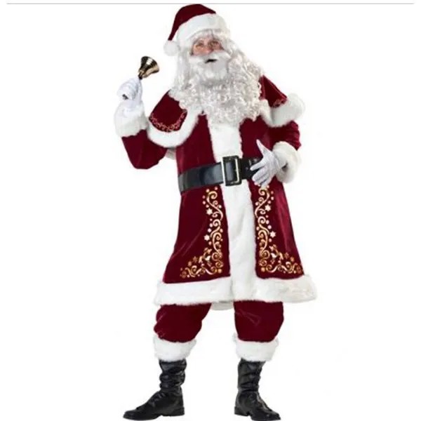 M-XXXL 2019 новый роскошный бархатный Рождественский костюм Санта-Клауса Мужские взрослые Костюмные перчатки + шаль + шляпа + одежда + ремень + нак...