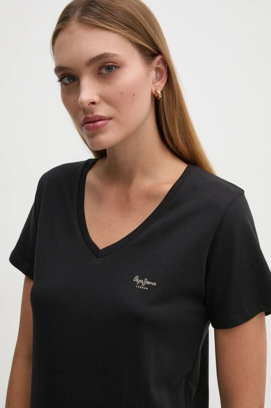 Хлопковая футболка FIORE V NECK Pepe Jeans, черный