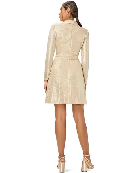 Платье Adrianna Papell Long Sleeve Stretch Metallic Mock Wrap Tuxedo Dress, золотой