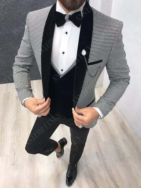 ANNIEBRITNEY 2019 модные твидовые мужские костюмы приталенный Свадебный Выпускной лучший мужской смокинг для жениха на заказ большого размера куртка брюки костюм для мужчин