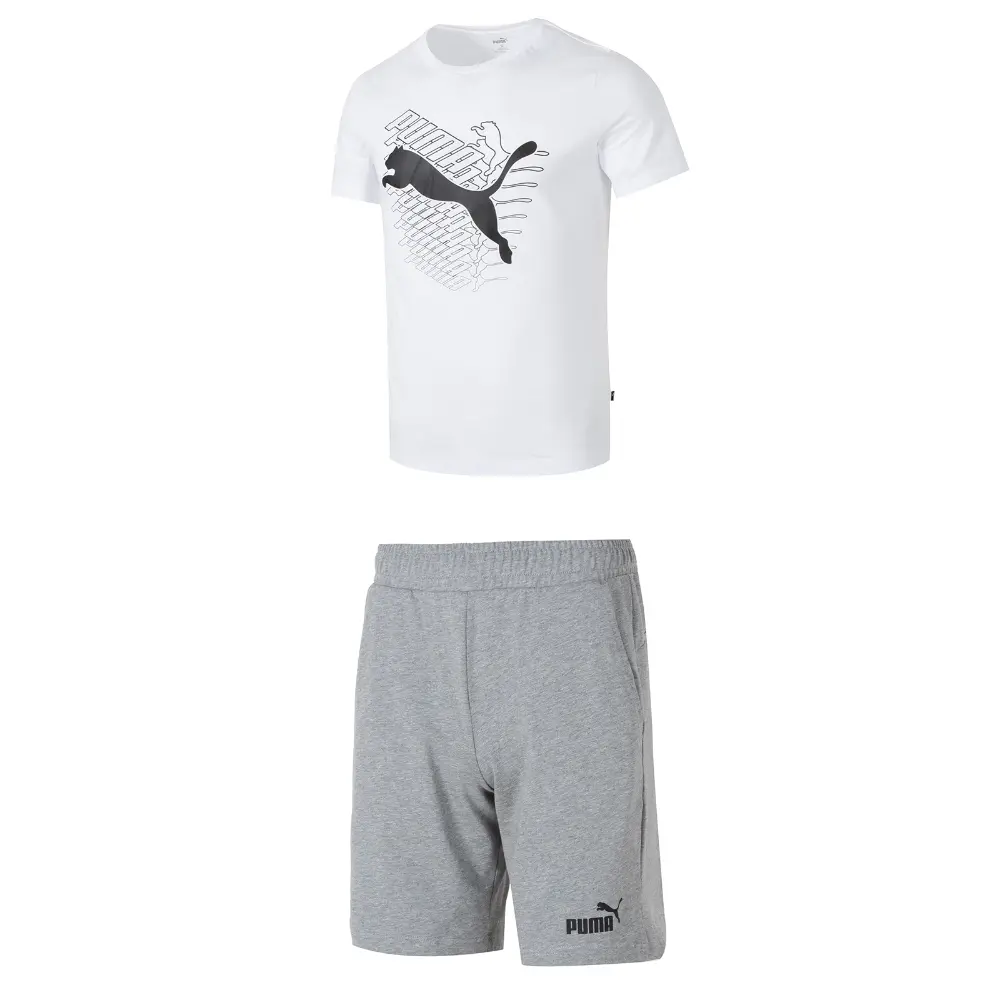 Повседневный спортивный мужской комплект: белый топ + серые шорты Puma, белый