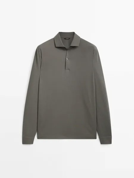 Рубашка-поло из микротекстурированного хлопка с длинными рукавами Massimo Dutti, серовато-зеленый