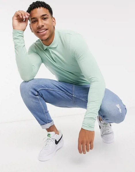 Зеленое обтягивающее поло с длинными рукавами ASOS DESIGN-Зеленый цвет