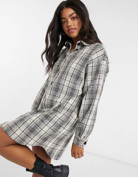 Платье-рубашка мини на пуговицах из ткани букле в клетку ASOS DESIGN-Мульти