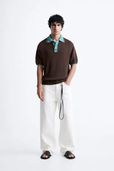 Трикотажная рубашка с контрастными цветными деталями Zara, браун