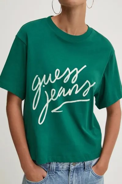 Хлопковая футболка Guess Jeans, зеленый