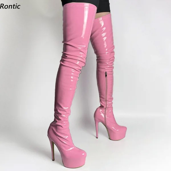 Женские лакированные ботфорты Rontic, лакированные туфли на шпильках с боковой молнией и круглым носком, розовые, черные, красные, фуксия, обув...