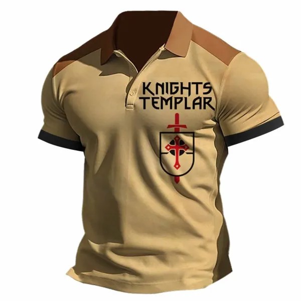 Мужская футболка Polo Vintage Templar Cross Colorblock На открытом воздухе С коротким рукавом Лето Повседневные Топы Хаки