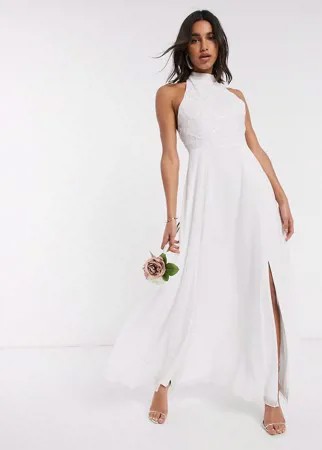 Белое свадебное платье с высоким воротником и отделкой бусинами Frock & Frill-Белый