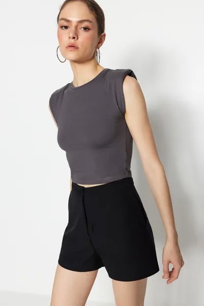 Антрацитовая укороченная эластичная трикотажная блузка с круглым вырезом и подкладкой Trendyol, серый