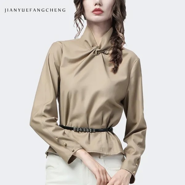 Женская однотонная блузка с длинным рукавом и поясом, элегантная приталенная туника с воротником-стойкой, офисные топы, осень 2021