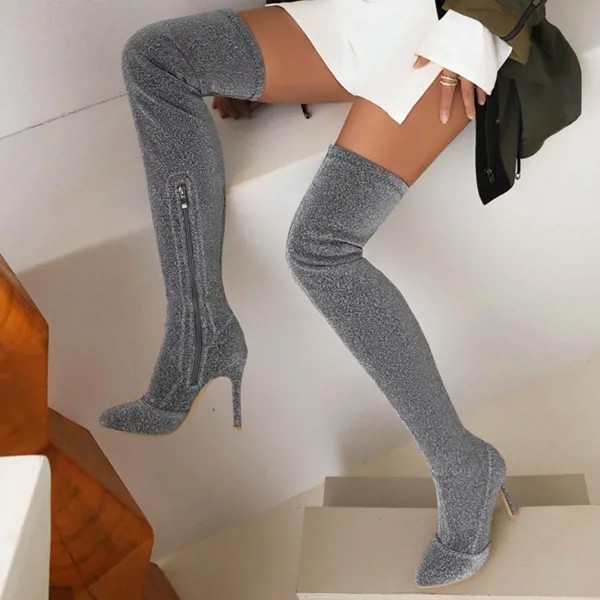 Женские ботфорты с острым носком на шпильке, серебристые сапоги-стрейч на тонком каблуке, Осень-зима 2022
