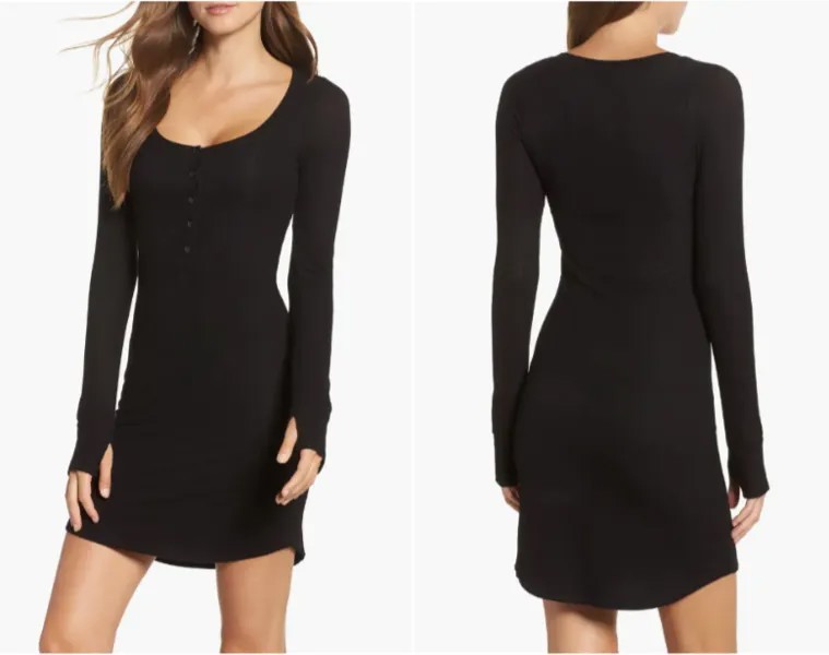 Черное вязаное мини-платье в рубчик MICHAEL LAUREN Giller Lounge Sleep Henley LBD XS 0/2