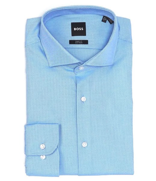 Hugo Boss Sharp-Fit — саржевая классическая рубашка с раздвинутым воротником Easy Iron, синий