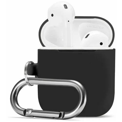 Матовый чехол для Apple AirPods 2 с карабином / Силиконовый кейс для беспроводных наушников Эпл Аирподс 2 противоударный (Black)